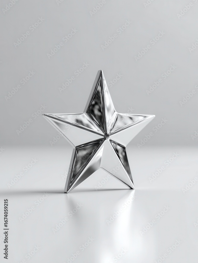 Poster shiny silver star standing upright on a white surface in a studio setting close up view minimalist s
