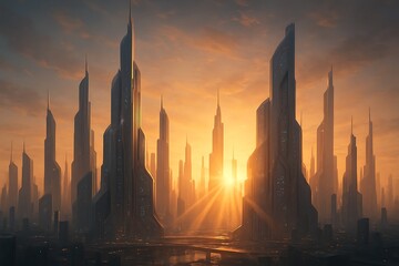 Fototapeta premium Futuristic city skyline with towering skyscrapers at sunrise, symbolizing innovation, progress, and modern urban development. Perfect for tech, business, and future concepts.