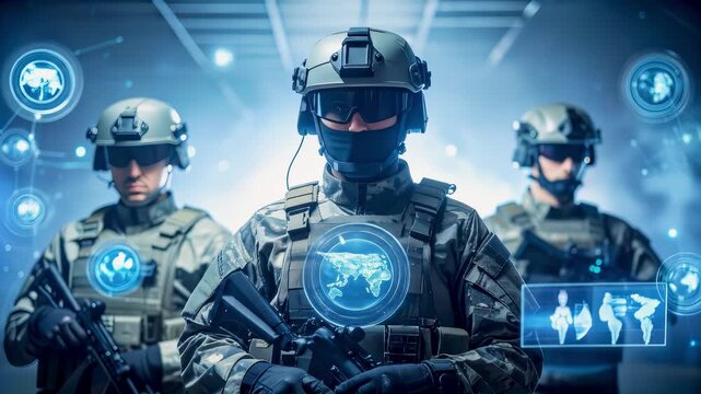 Futuristic soldiers in smart fabric uniform with integrated tech, enhancing protection, communication, and battlefield performance.
