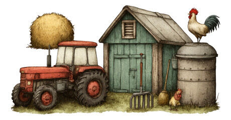 Vintage tractor and barn with chicken in countryside scene