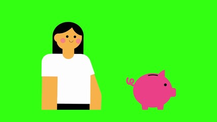 Cute animated character saving money in a pink piggy bank on a bright green background for financial planning and savings concepts - Powered by Adobe