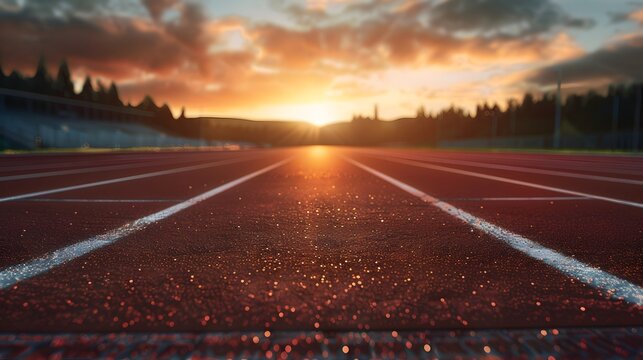 Red running track closeup with white lines at sunrise, athletics stadium background for sports, competition, fitness, and motivation themes