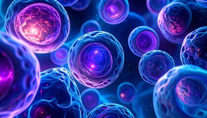 A close-up, artistic rendering of numerous, glowing, biological cells in a deep space.