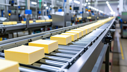 Industrial butter production line with uniform rectangular butter blocks moving on a conveyor belt in modern dairy factory.