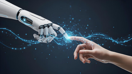 A 3D render of a humanoid robot hand and a human hand about to touch, with glowing digital energy connecting them. Concept of Human-AI partnership. 