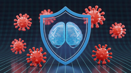 A 3D security shield protecting a glowing neural network from red digital virus icons.