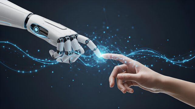 A 3D render of a humanoid robot hand and a human hand about to touch, with glowing digital energy connecting them. Concept of Human-AI partnership. 