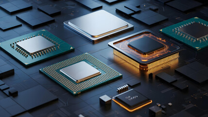 A set of 4 different 3D AI processor chips CPUGPU with glowing circuits.