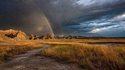 Calm After Storm. Landscape with Dramatic Clouds, Rainbow, and Sunlight