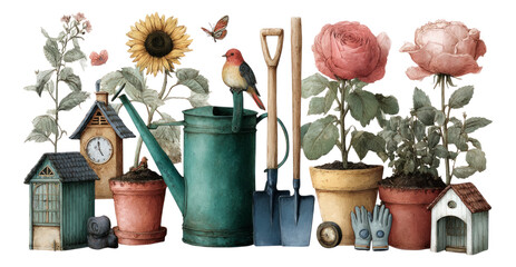 Vibrant Garden Elements with Nature and Flowers Isolated