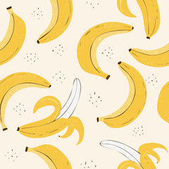 Seamless pattern with bright yellow bananas on a light background. Fun, tropical and fresh fruit design for textiles, packaging, wallpapers, and summer decor