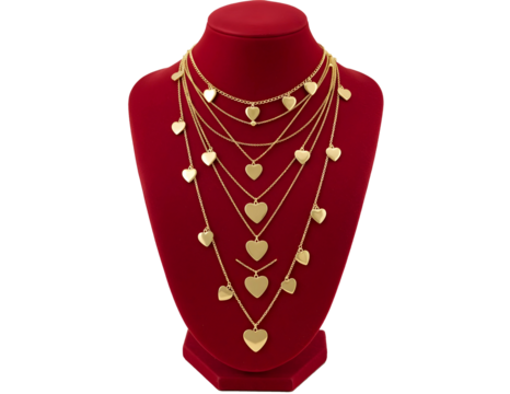 Elegant gold layered necklace with heart pendants isolated on transparent background