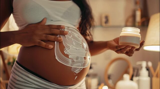pregnant woman smears her big belly with stretch mark cream, body lotion, skin care, cosmetics, cosmetology, pregnancy, jar