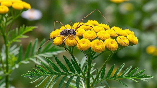 Harvestman spider on yellow tansy flowers with feathery green leaves in a natural outdoor setting