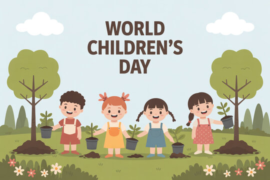 Celebrate World Children's Day with joyful kids planting trees in a lush green garden, fostering environmental awareness and a love for nature among the next generation