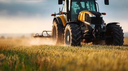 Obraz premium Modern tractor working on golden wheat field in countryside at sunset, agriculture farming and harvest concept with rural farmland landscape