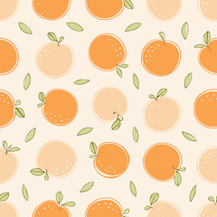 Seamless pattern with fresh oranges and green leaves on a light background. Cute, bright and fruity design perfect for textiles, packaging, wallpapers, and summer decor