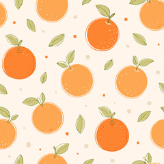 Seamless pattern with fresh oranges and green leaves on a light background. Cute, bright and fruity design perfect for textiles, packaging, wallpapers, and summer decor