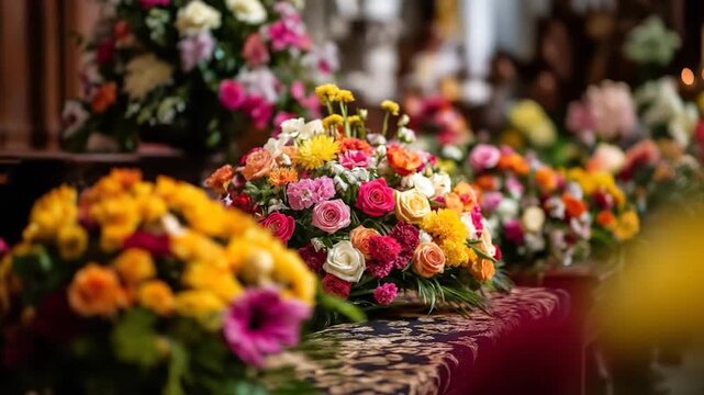 Floral Symphony: A vibrant and colorful display of flowers, arranged with artistic finesse, graces an indoor setting. The composition evokes a sense of joy, celebration, and natural beauty.
