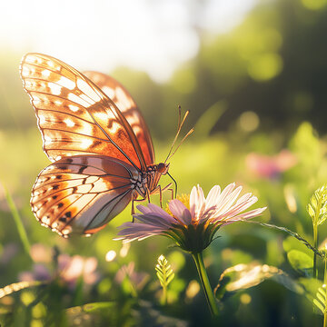 Golden butterfly on pink flower in sunny meadow nature scene