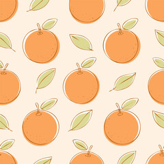 Seamless pattern with fresh oranges and green leaves on a light background. Cute, bright and fruity design perfect for textiles, packaging, wallpapers, and summer decor