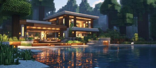 Naklejka premium Modern House by a Pool in a Forest