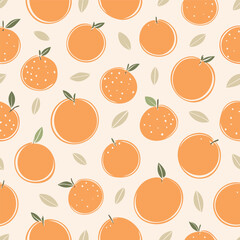 Seamless pattern with fresh oranges and green leaves on a light background. Cute, bright and fruity design perfect for textiles, packaging, wallpapers, and summer decor