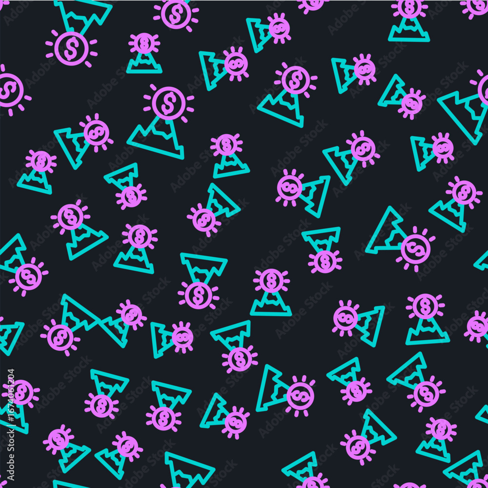 Poster line mountains with flag on top icon isolated seamless pattern on black background. symbol of victor