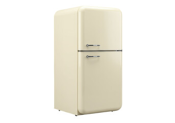 Isolated vintage-style refrigerator, classic retro fridge freezer in pale creamy yellow color