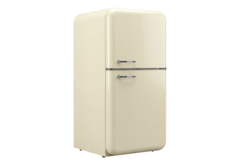 Isolated vintage-style refrigerator, classic retro fridge freezer in pale creamy yellow color