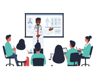 Doctor presenting medical information to a group of people isolated on transparent background