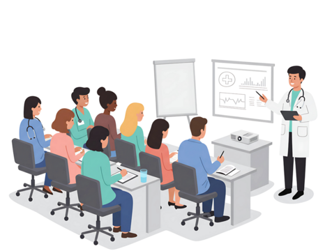 Doctor presenting medical information to a group of people isolated on transparent background