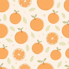 Seamless pattern with fresh oranges and green leaves on a light background. Cute, bright and fruity design perfect for textiles, packaging, wallpapers, and summer decor