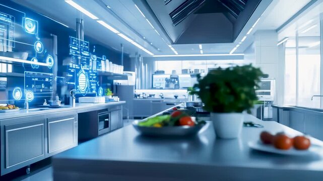 High-tech smart kitchen with AI systems, holographic displays, and robotic chefs designed for automated cooking, efficiency, and futuristic food preparation.
