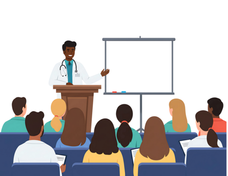 Doctor presenting medical information to a group of people isolated on transparent background