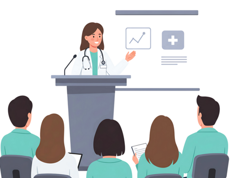 Doctor presenting medical information to a group of people isolated on transparent background - Powered by Adobe