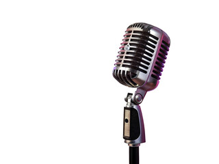 Fototapeta premium Vintage microphone with silver casing and black grille isolated on a transparent background retro