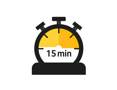Yellow and black stopwatch showing 15 minute isolated on transparent background