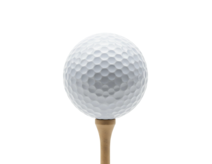 Close up of a white golf ball on a wooden tee isolated on transparent background