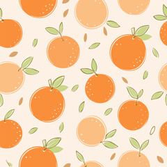 Seamless pattern with fresh oranges and green leaves on a light background. Cute, bright and fruity design perfect for textiles, packaging, wallpapers, and summer decor