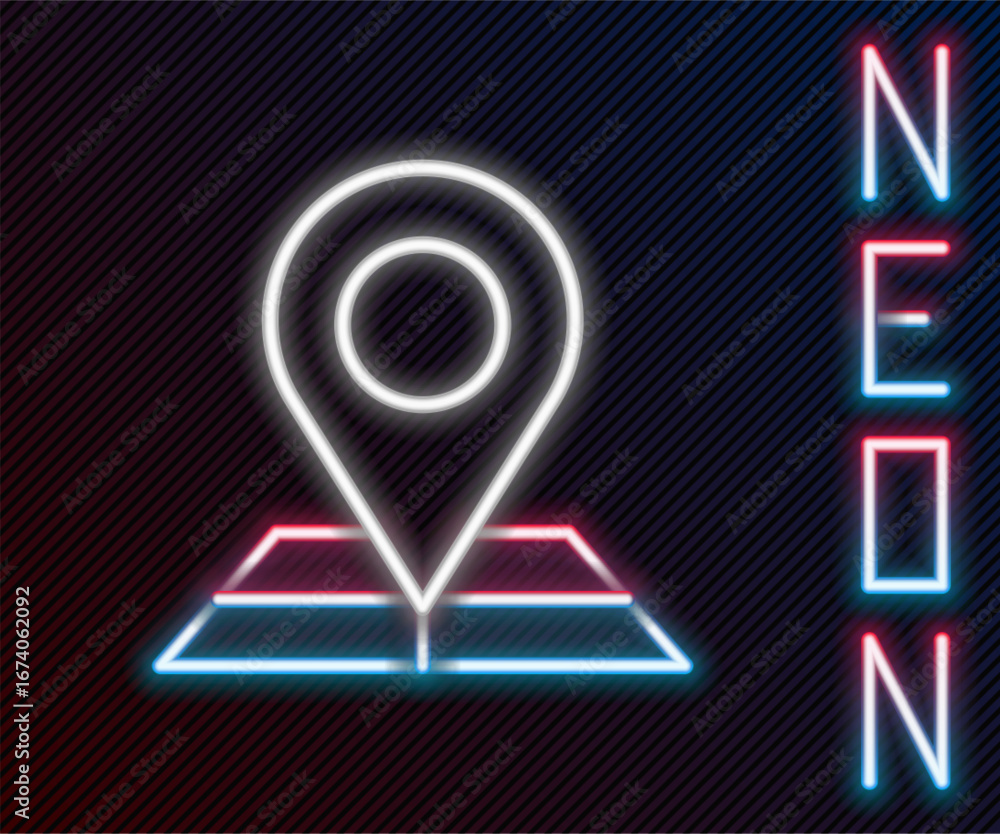 Poster glowing neon line folded map with location marker icon isolated on black background. colorful outlin