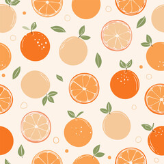 Seamless pattern with fresh oranges and green leaves on a light background. Cute, bright and fruity design perfect for textiles, packaging, wallpapers, and summer decor