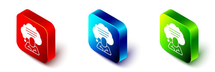 Isometric Speech bubble chat icon isolated on white background. Message icon. Communication or comment chat symbol. Red, blue and green square button. Vector