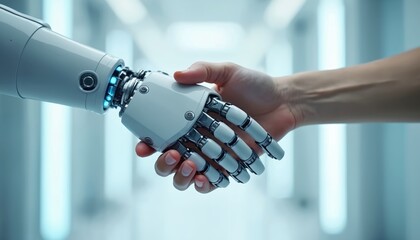 Human and robot shake hands in futuristic lab. Close-up of connection and collaboration in modern technology. Partnership between man and machine signifies progress, innovation, and integration.