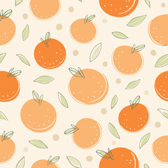 Seamless pattern with fresh oranges and green leaves on a light background. Cute, bright and fruity design perfect for textiles, packaging, wallpapers, and summer decor