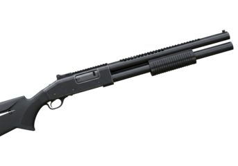 Isolated black pump-action shotgun, firearm or weapon for hunting or self defense