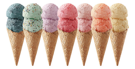 Colorful Ice Cream Cones Isolated on Transparent Background