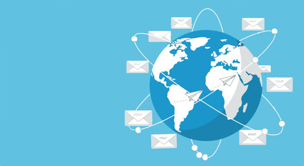 Global communication with emails and messages on a clean blue background. World Post Day, copy space