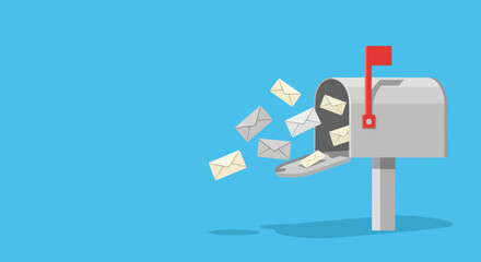 Mailbox overflowing with letters against a bright blue background. World Post Day, copy space