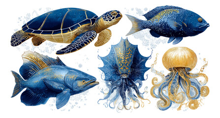 Colorful Marine Life Illustrations on Transparent Background